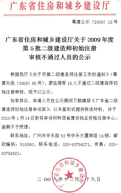 關(guān)于2009年度第5批二級(jí)建造師初始注冊(cè)審核不通過人員的公示