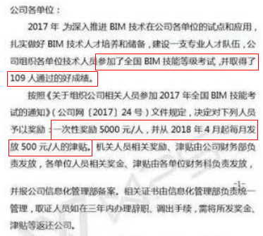 將BIM資格證書納入公司執(zhí)業(yè)資格津貼發(fā)放范圍的通知