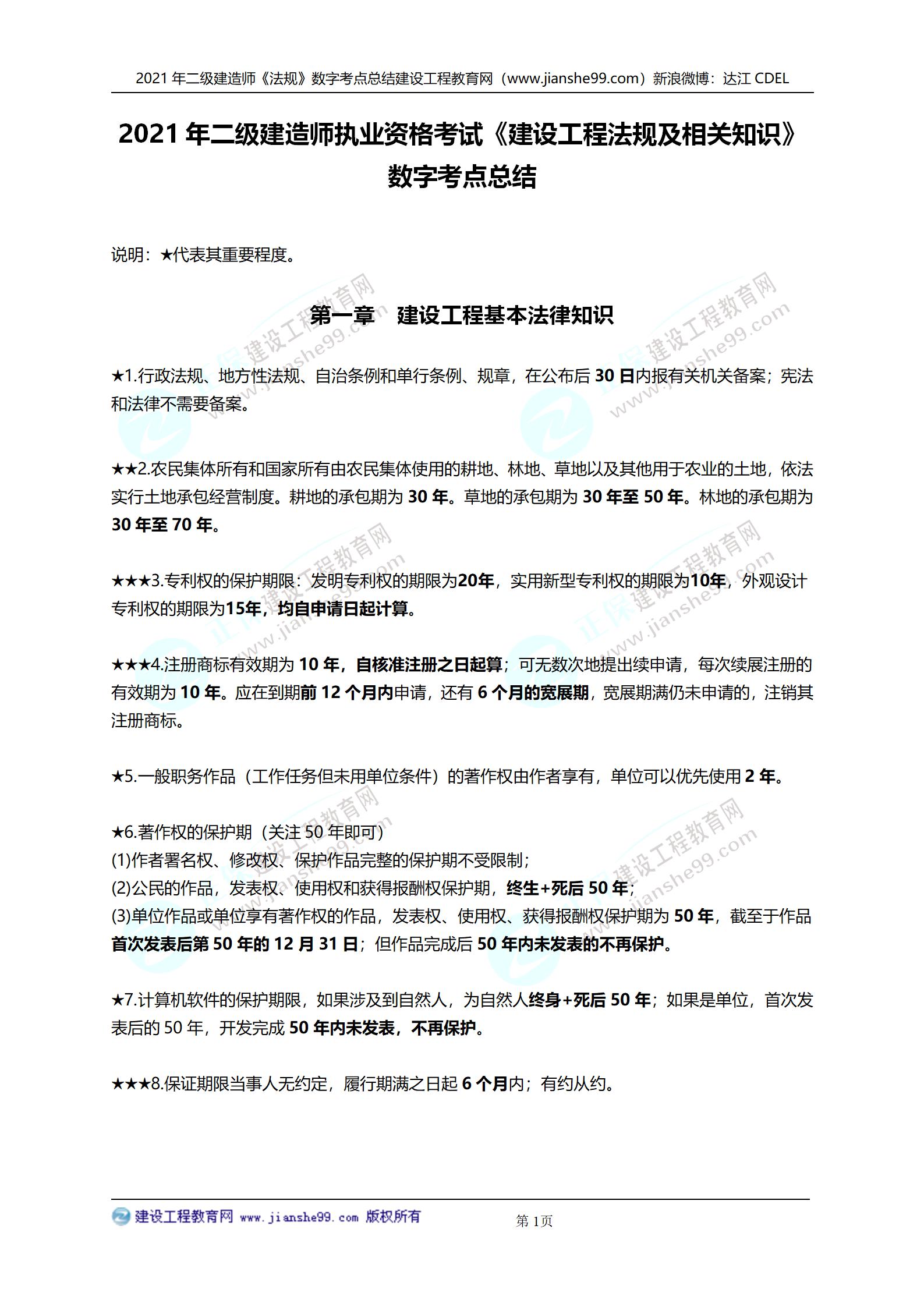 2021年二級建造師法規(guī)科目數(shù)字考點(diǎn)總結(jié)_01 2021年二級建造師法規(guī)科目數(shù)字考點(diǎn)總結(jié)_01