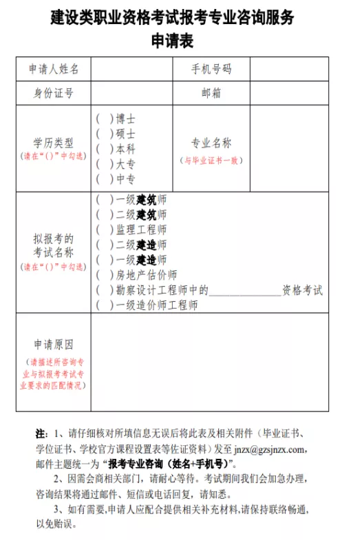 建設類職業(yè)資格考試報考專業(yè)咨詢服務申請表 建設類職業(yè)資格考試報考專業(yè)咨詢服務申請表