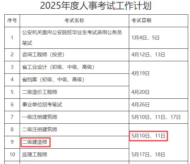 2025年浙江二級(jí)建造師考試時(shí)間5月10日、11日