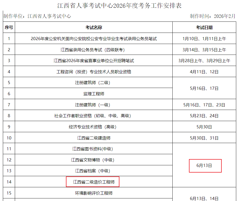 江西省人事考試中心2026度考務(wù)工作安排表 江西省人事考試中心2026度考務(wù)工作安排表